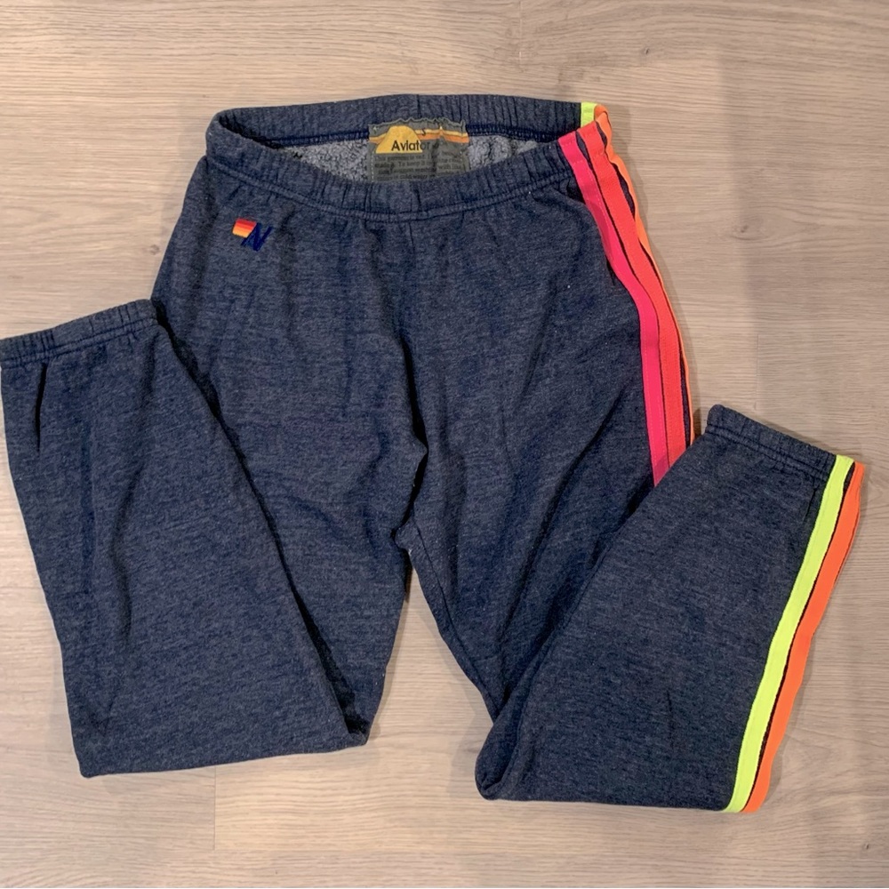Aviator Nation sweatpants, navy heathered with neon stripes